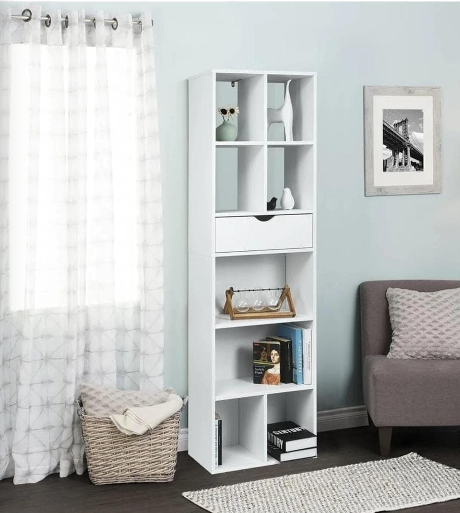 Librero blanco angosto con cajon